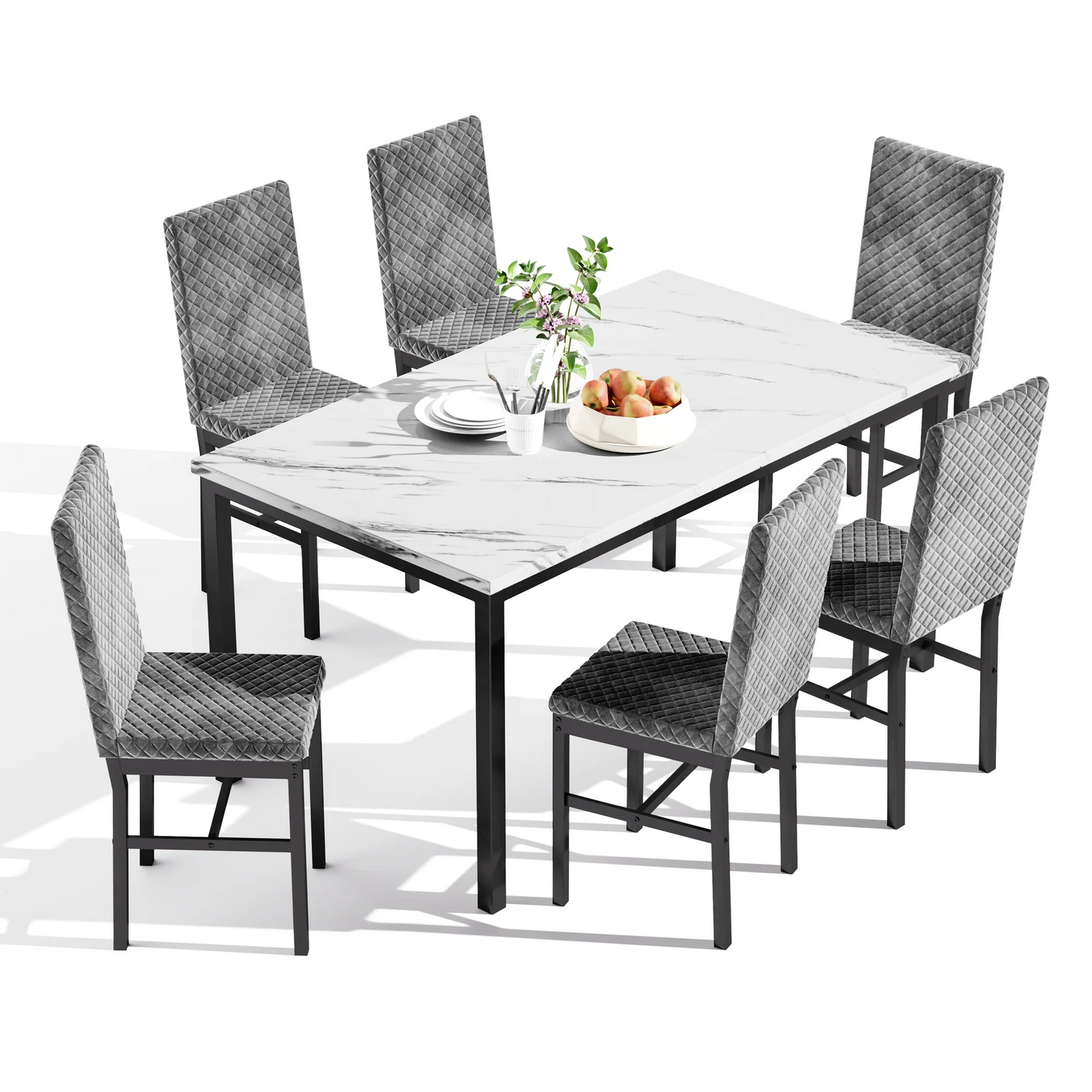 Recaceik Modern 7 Piece Dining Room Faux Marble Velvet Chairs Sets for 6