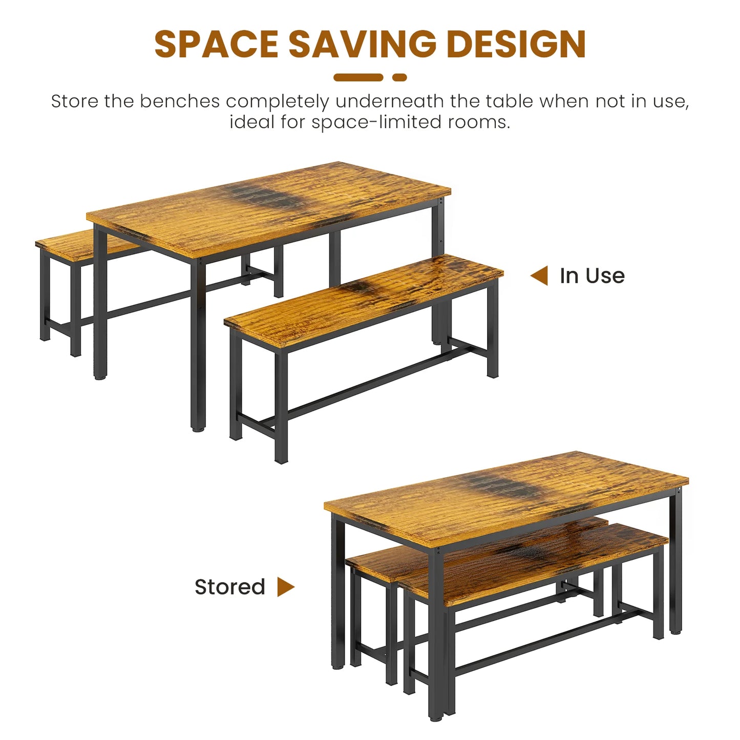 Recaceik 28.7 inches Height 3 Pieces Farmhouse Kitchen Table Set with Two Benches for 6 People, Compact 1 Table& 2 Chairs, Distressed Brown