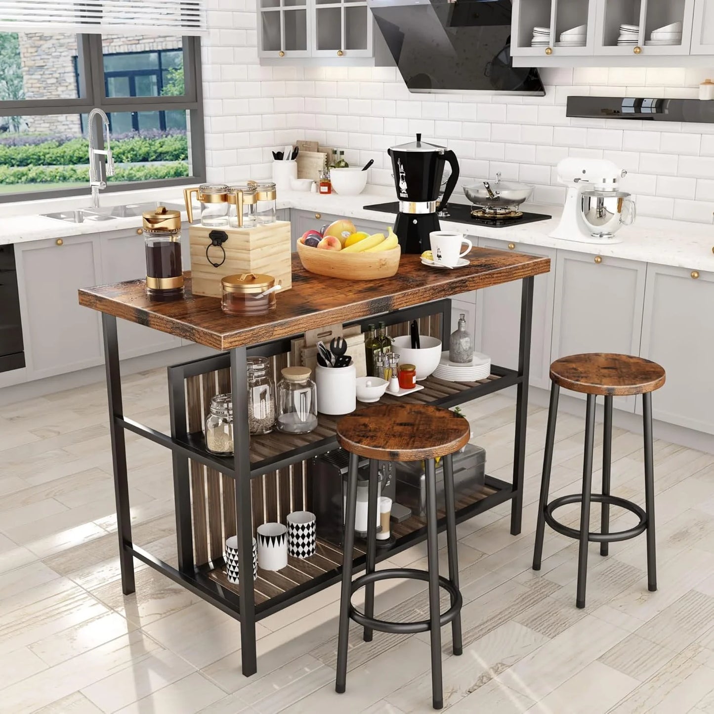 Recaceik Kitchen Island With Seating, Wooden Counter 33"Height Table with Storage Kitchen Table Set for 2