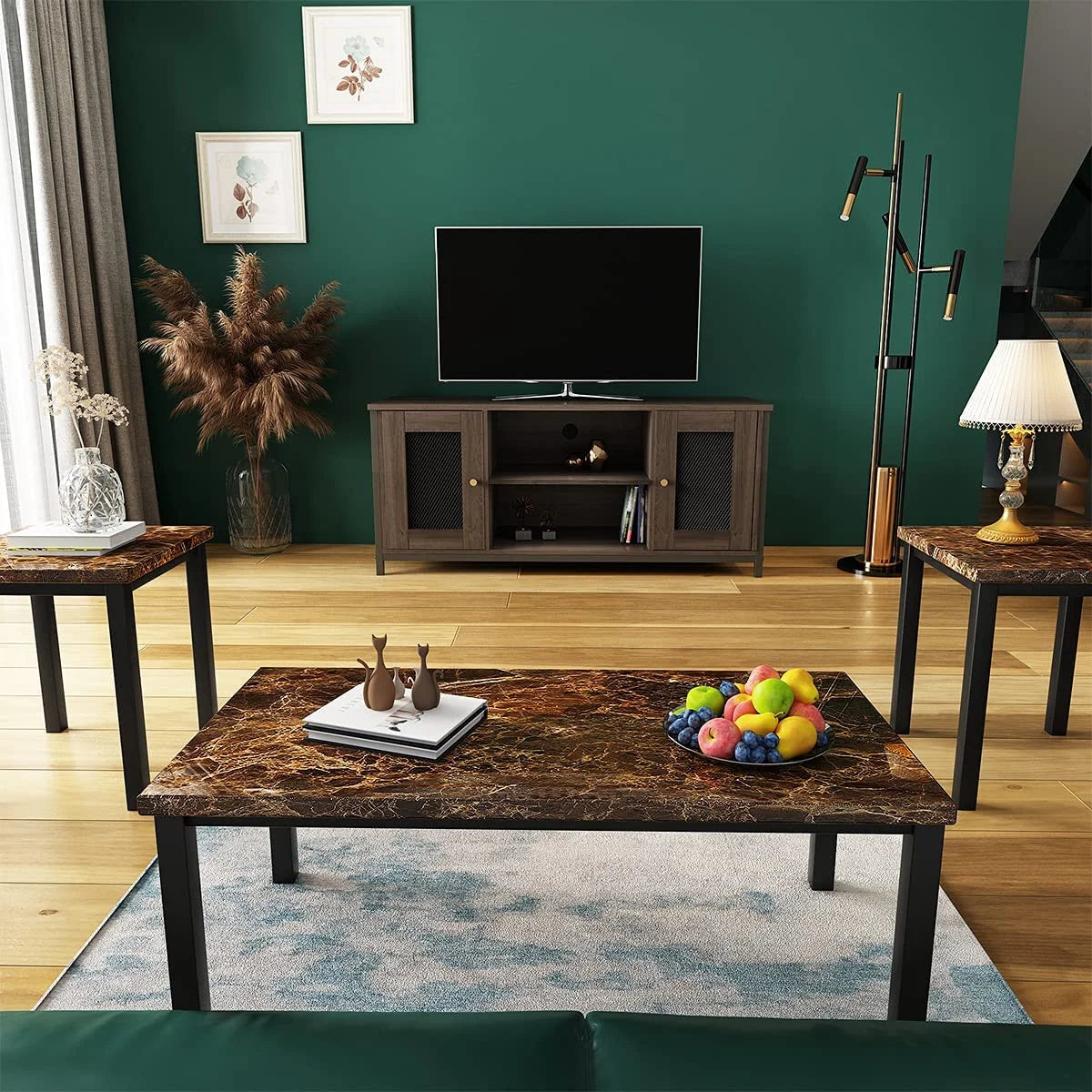 Recaceik 3 Piece Coffee Table Set, Square Faux Marble Tabletop Modern Style with Black Sturdy Metal Frame Sofa Side Tables Perfect for Living Room Accent Furniture