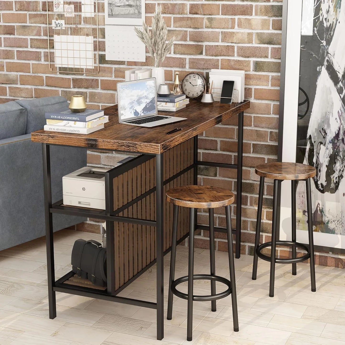 Recaceik Kitchen Island With Seating, Wooden Counter 33"Height Table with Storage Kitchen Table Set for 2