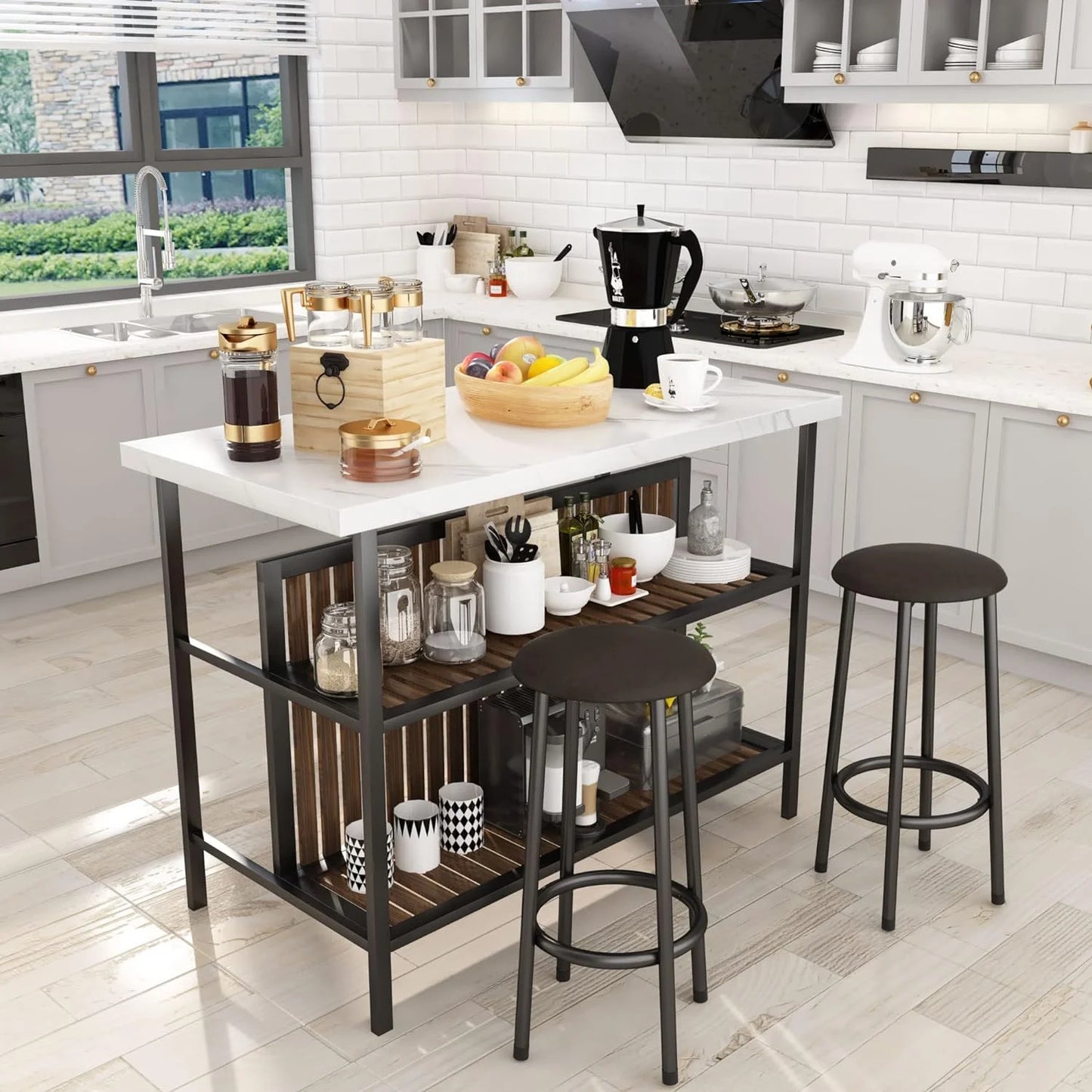 Recaceik Kitchen Island With Seating, Wooden Counter 33"Height Table with Storage Kitchen Table Set for 2