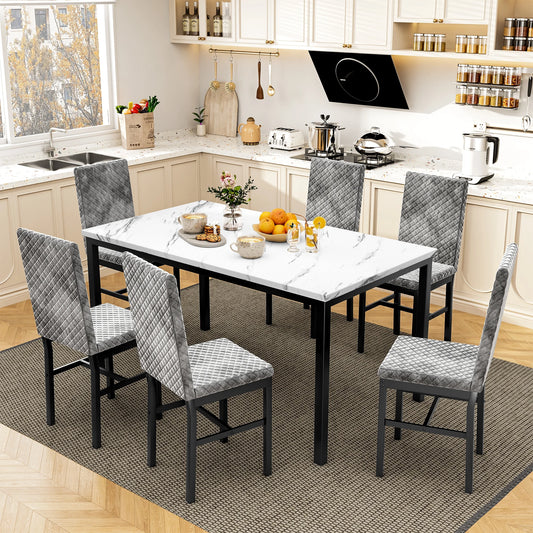 Recaceik Modern 7 Piece Dining Room Faux Marble Velvet Chairs Sets for 6