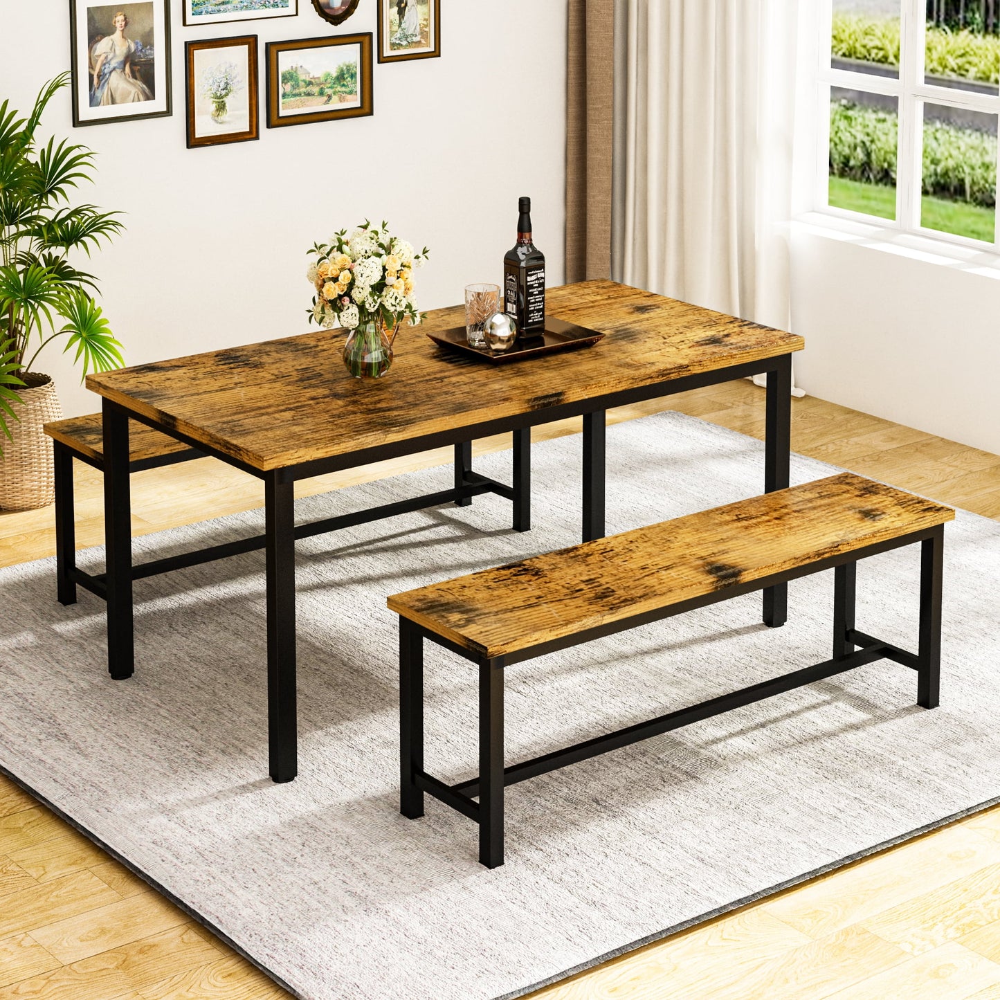 Recaceik 28.7 inches Height 3 Pieces Farmhouse Kitchen Table Set with Two Benches for 6 People, Compact 1 Table& 2 Chairs, Distressed Brown