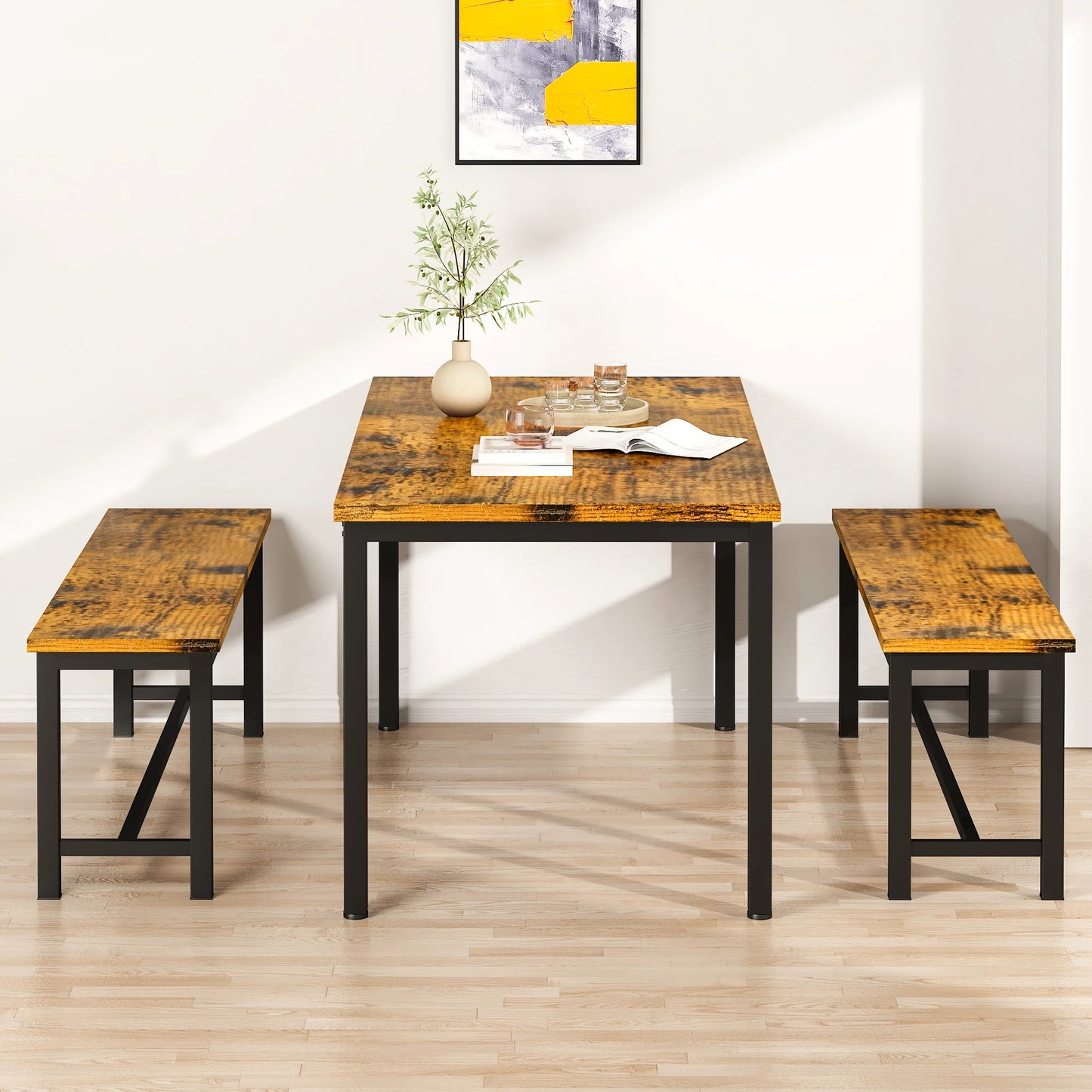 Recaceik 28.7 inches Height 3 Pieces Farmhouse Kitchen Table Set with Two Benches for 6 People, Compact 1 Table& 2 Chairs, Distressed Brown