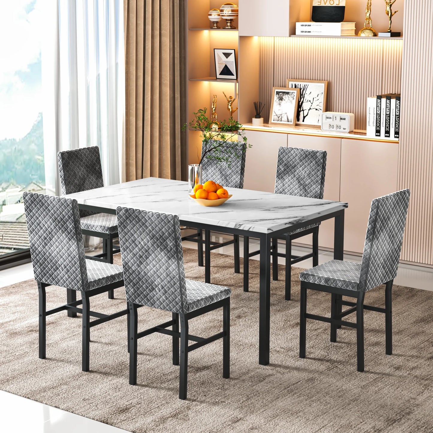 Recaceik Modern 7 Piece Dining Room Faux Marble Velvet Chairs Sets for 6