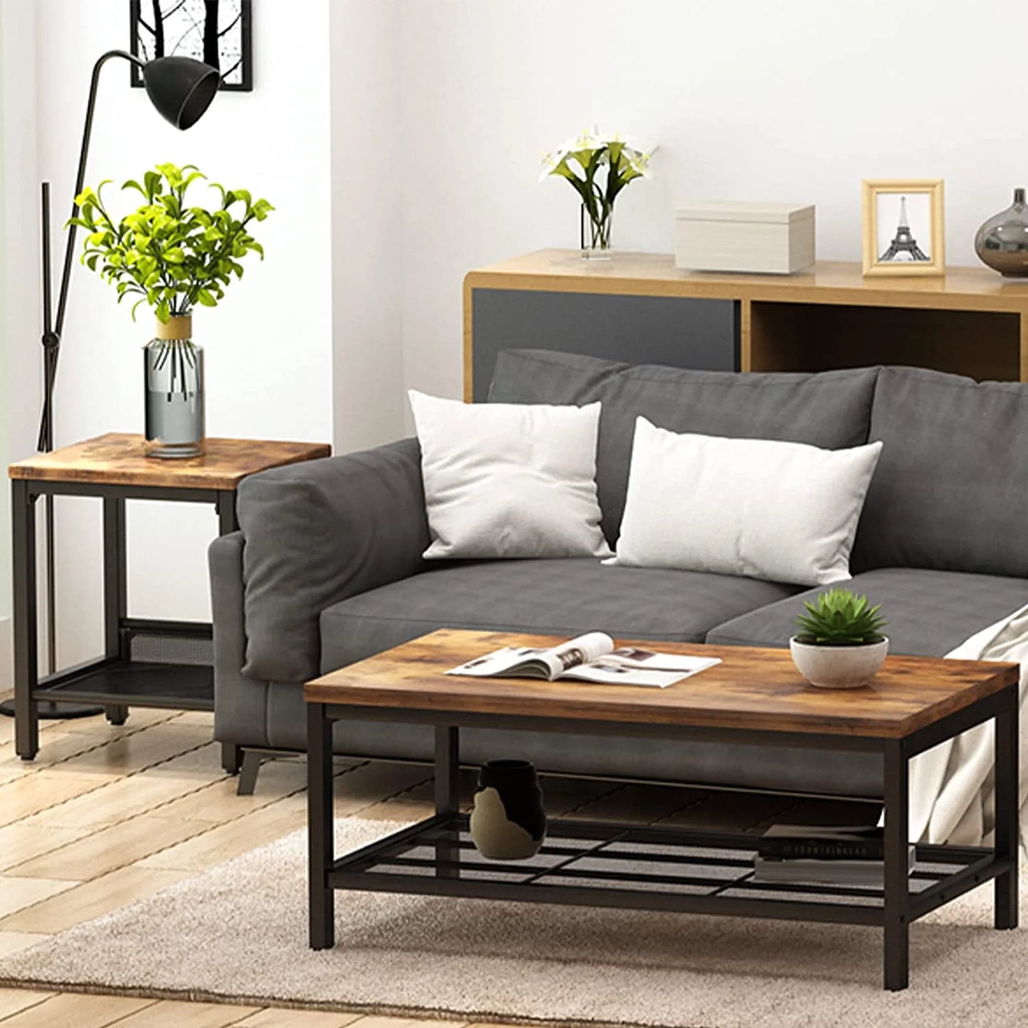 Recaceik Storage 3 Piece Modern Living Room Wooden Industrial Coffee Table Set