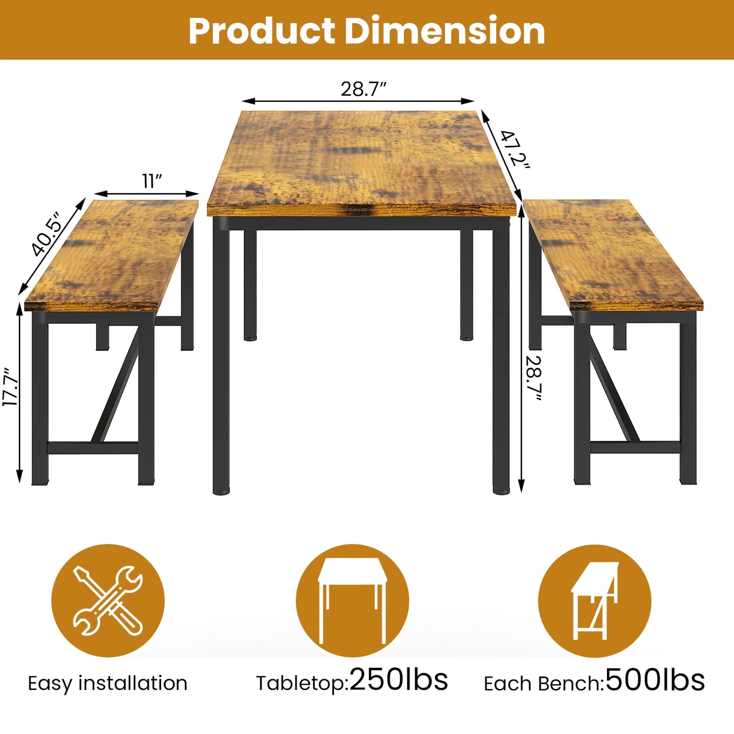 Recaceik 28.7 inches Height 3 Pieces Farmhouse Kitchen Table Set with Two Benches for 6 People, Compact 1 Table& 2 Chairs, Distressed Brown