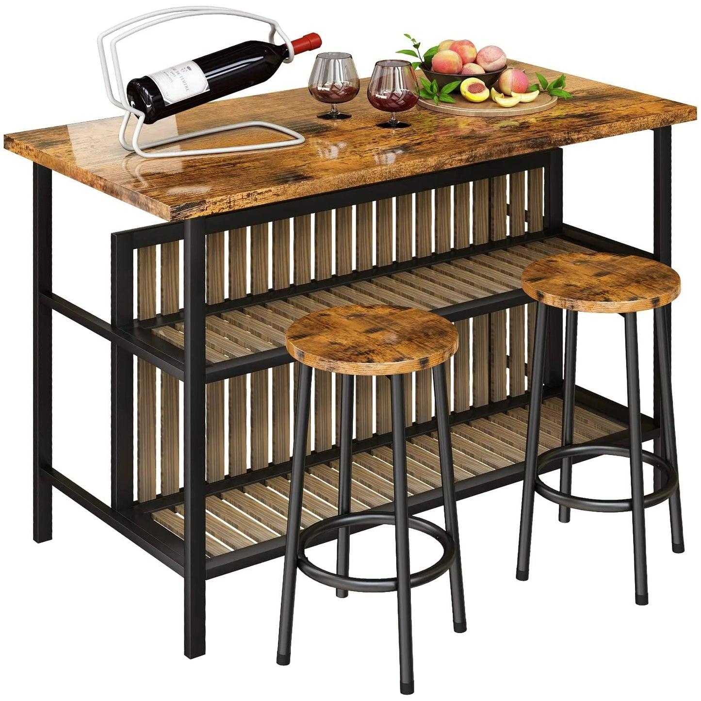Recaceik Kitchen Island With Seating, Wooden Counter 33"Height Table with Storage Kitchen Table Set for 2