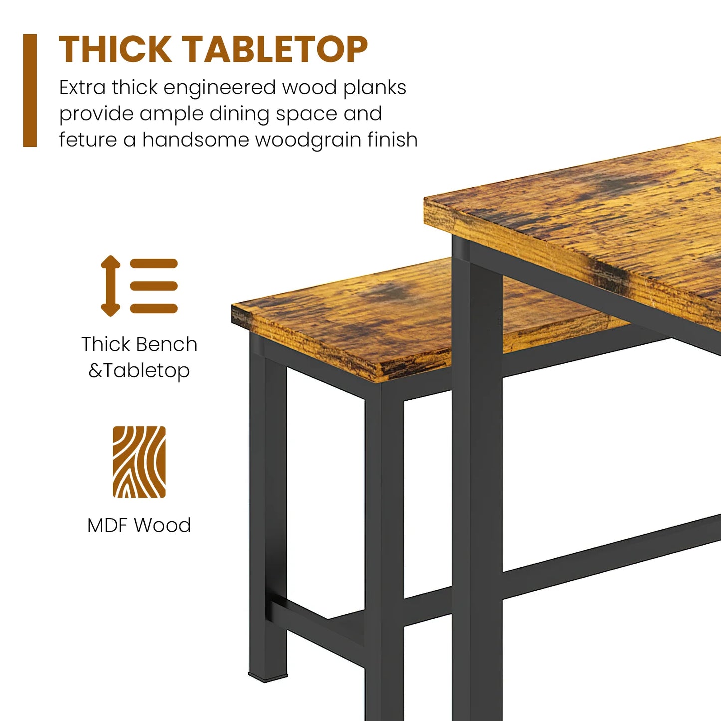 Recaceik 28.7 inches Height 3 Pieces Farmhouse Kitchen Table Set with Two Benches for 6 People, Compact 1 Table& 2 Chairs, Distressed Brown