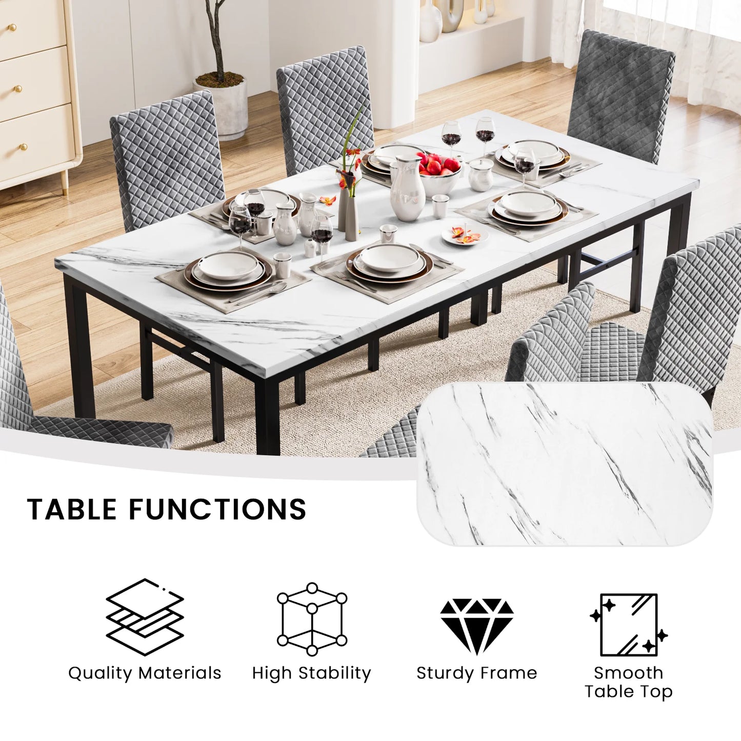 Recaceik Modern 7 Piece Dining Room Faux Marble Velvet Chairs Sets for 6