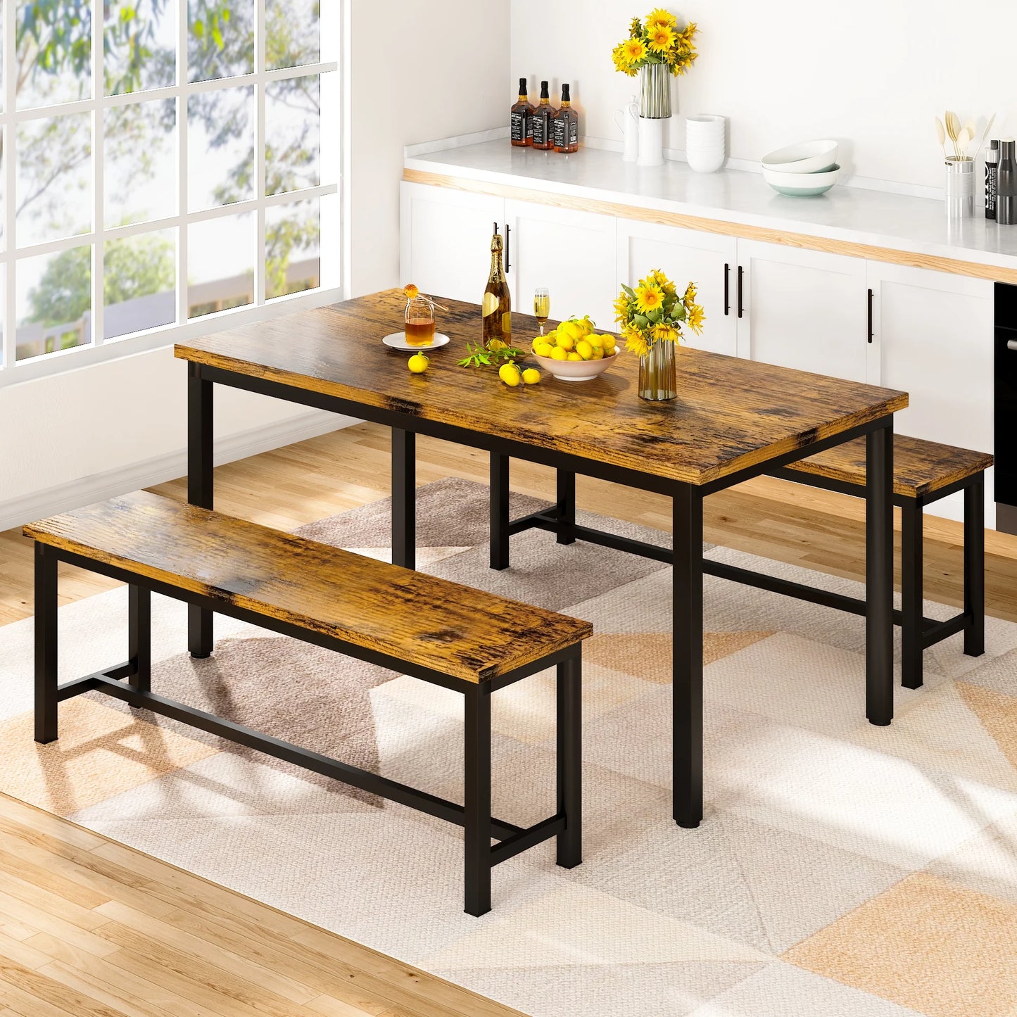 Recaceik 28.7 inches Height 3 Pieces Farmhouse Kitchen Table Set with Two Benches for 6 People, Compact 1 Table& 2 Chairs, Distressed Brown