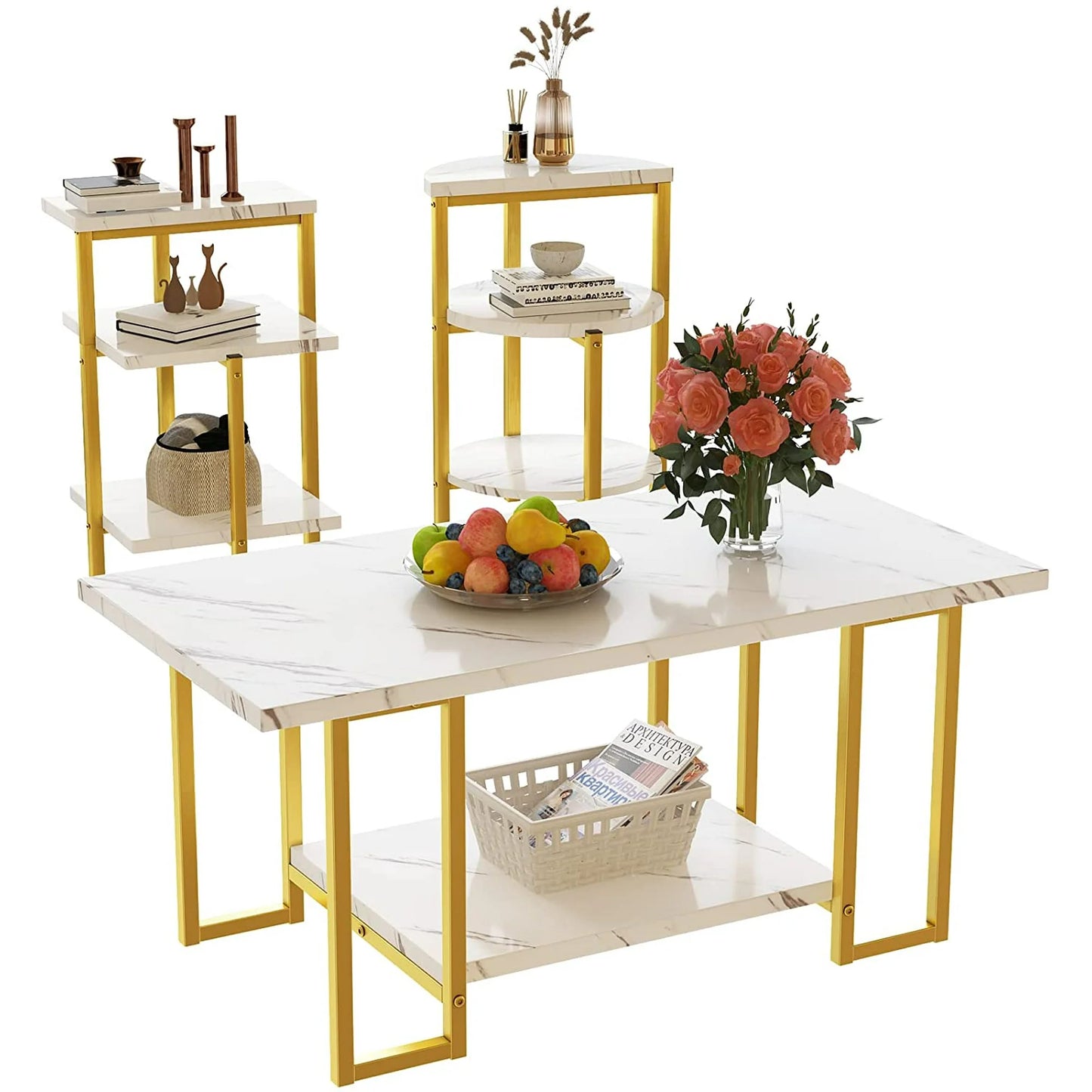Recaceik 3-Pcs Modern Faux Marble & Metal Living Room Table Set, Coffee Table & 2 End Tables, White