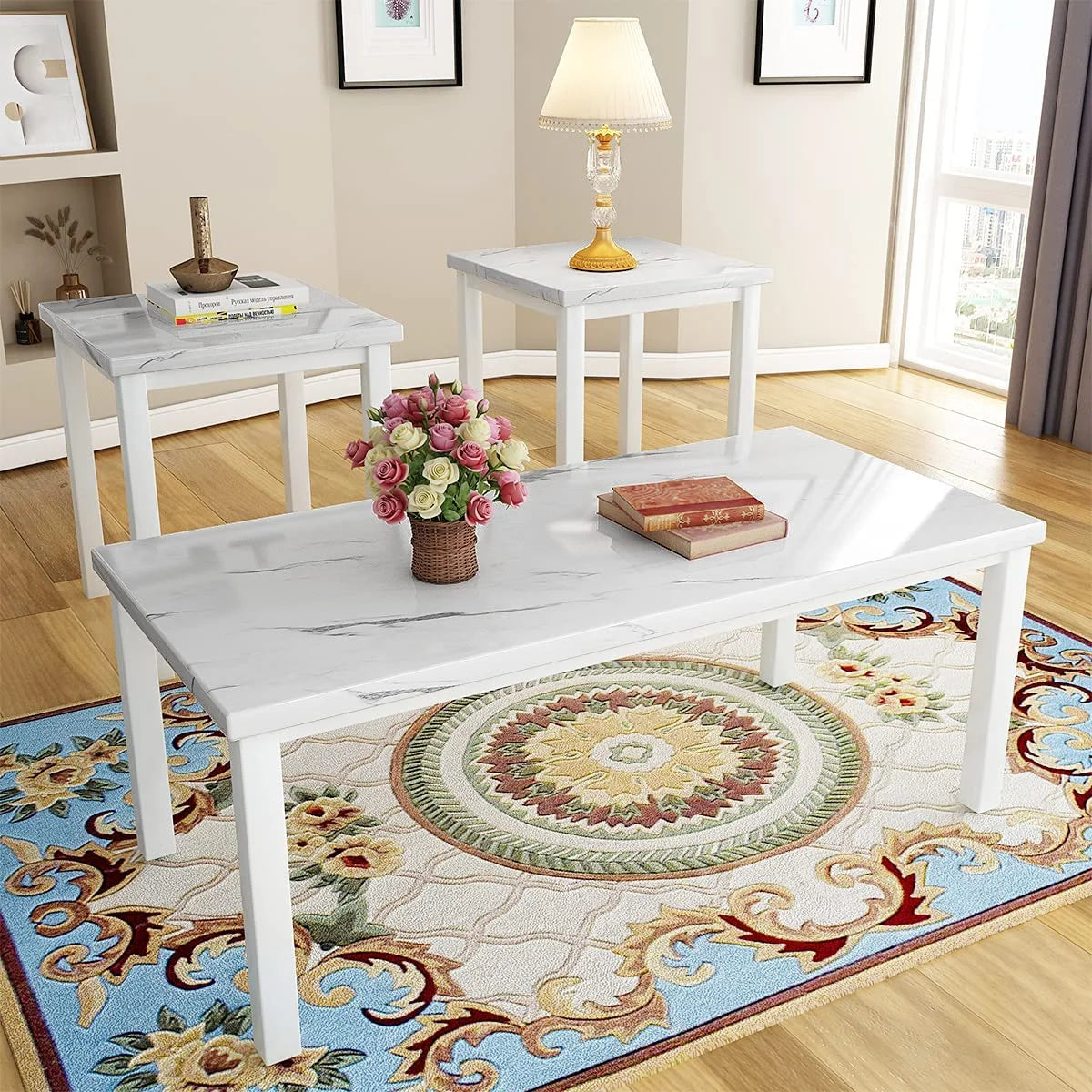 Recaceik 3 Piece Coffee Table Set, Square Faux Marble Tabletop Modern Style with Black Sturdy Metal Frame Sofa Side Tables Perfect for Living Room Accent Furniture