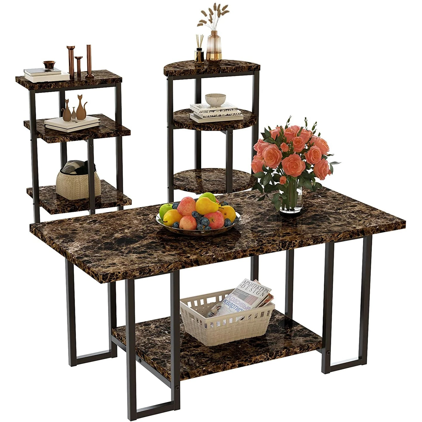 Recaceik 3-Pcs Modern Faux Marble & Metal Living Room Table Set, Coffee Table & 2 End Tables, White