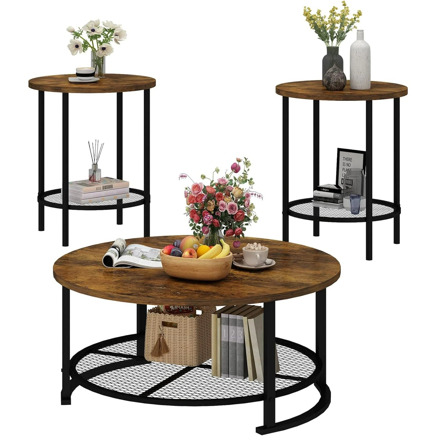 Recaceik Storage 3 Piece Modern Living Room Wooden Industrial Coffee Table Set