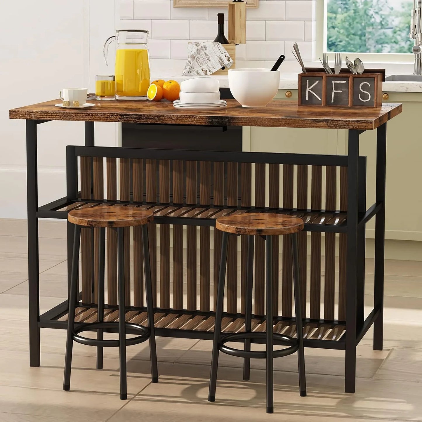 Recaceik Kitchen Island With Seating, Wooden Counter 33"Height Table with Storage Kitchen Table Set for 2