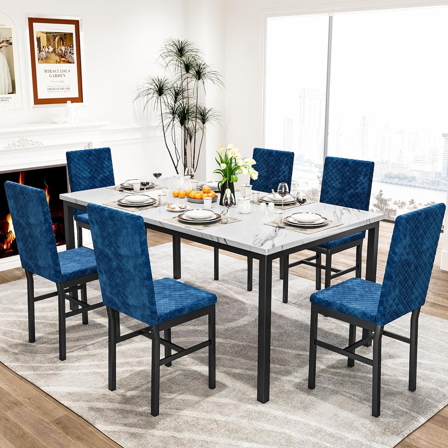 Recaceik Modern 7 Piece Dining Room Faux Marble Velvet Chairs Sets for 6