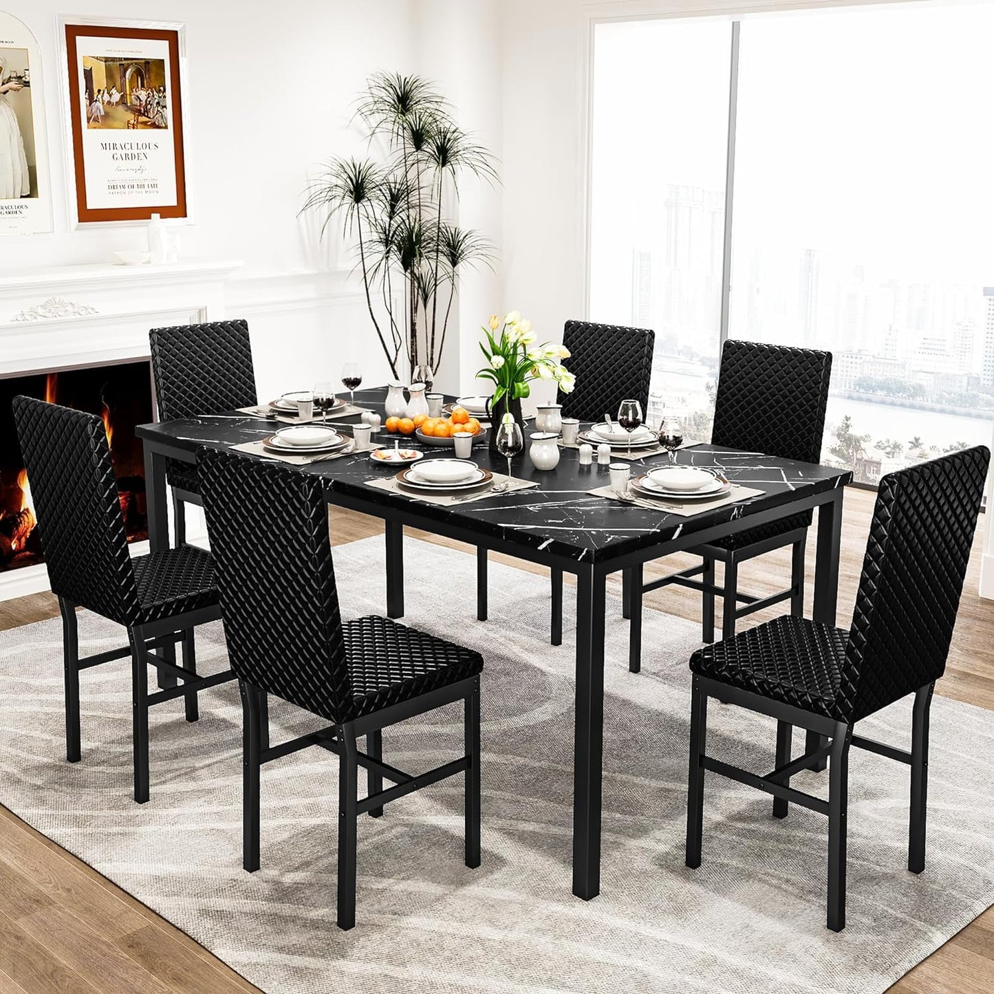 Recaceik Modern 7 Piece Dining Room Faux Marble Velvet Chairs Sets for 6