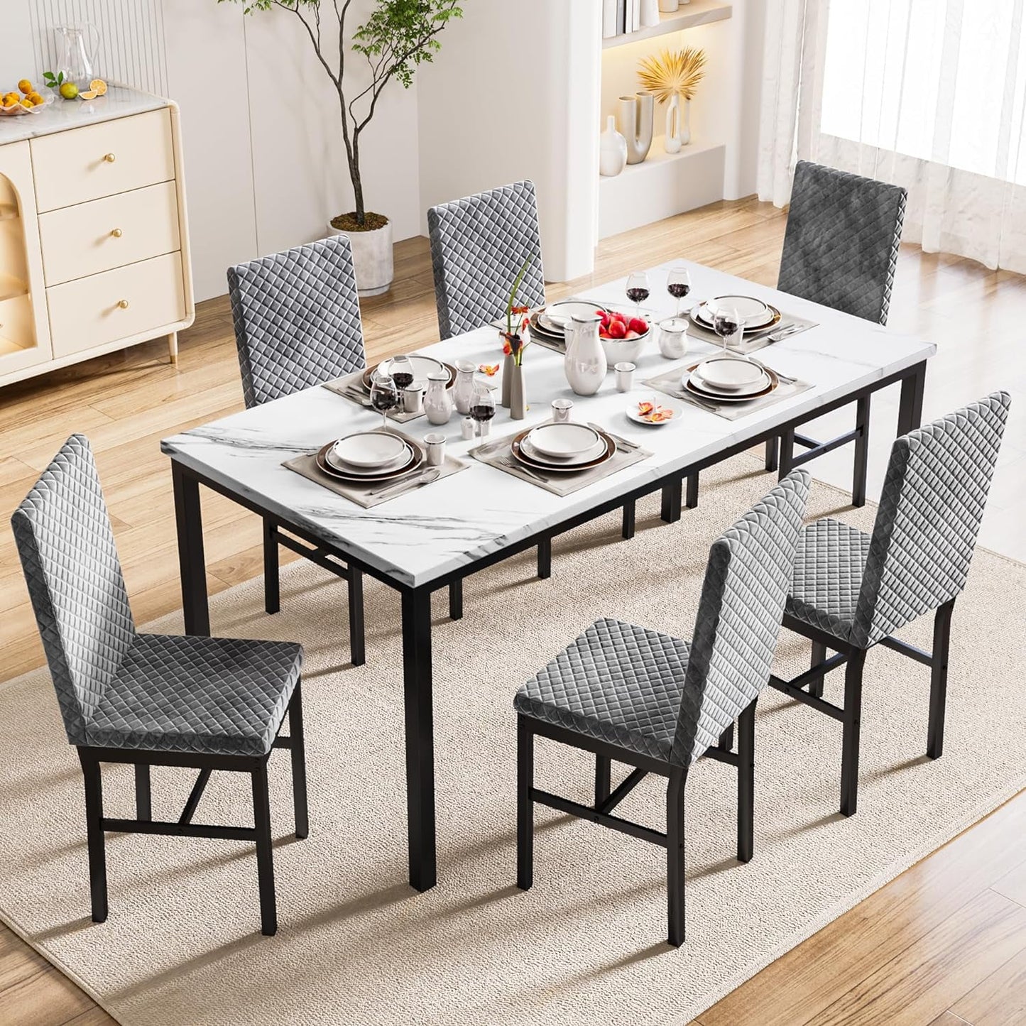 Recaceik Modern 7 Piece Dining Room Faux Marble Velvet Chairs Sets for 6