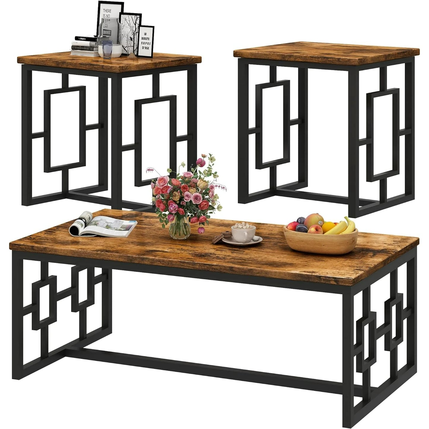 Recaceik Storage 3 Piece Modern Living Room Wooden Industrial Coffee Table Set