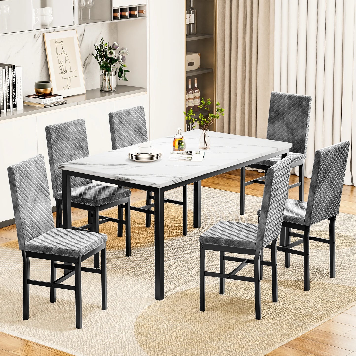 Recaceik Modern 7 Piece Dining Room Faux Marble Velvet Chairs Sets for 6