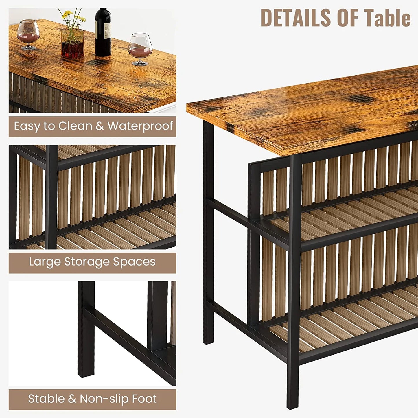 Recaceik Kitchen Island With Seating, Wooden Counter 33"Height Table with Storage Kitchen Table Set for 2