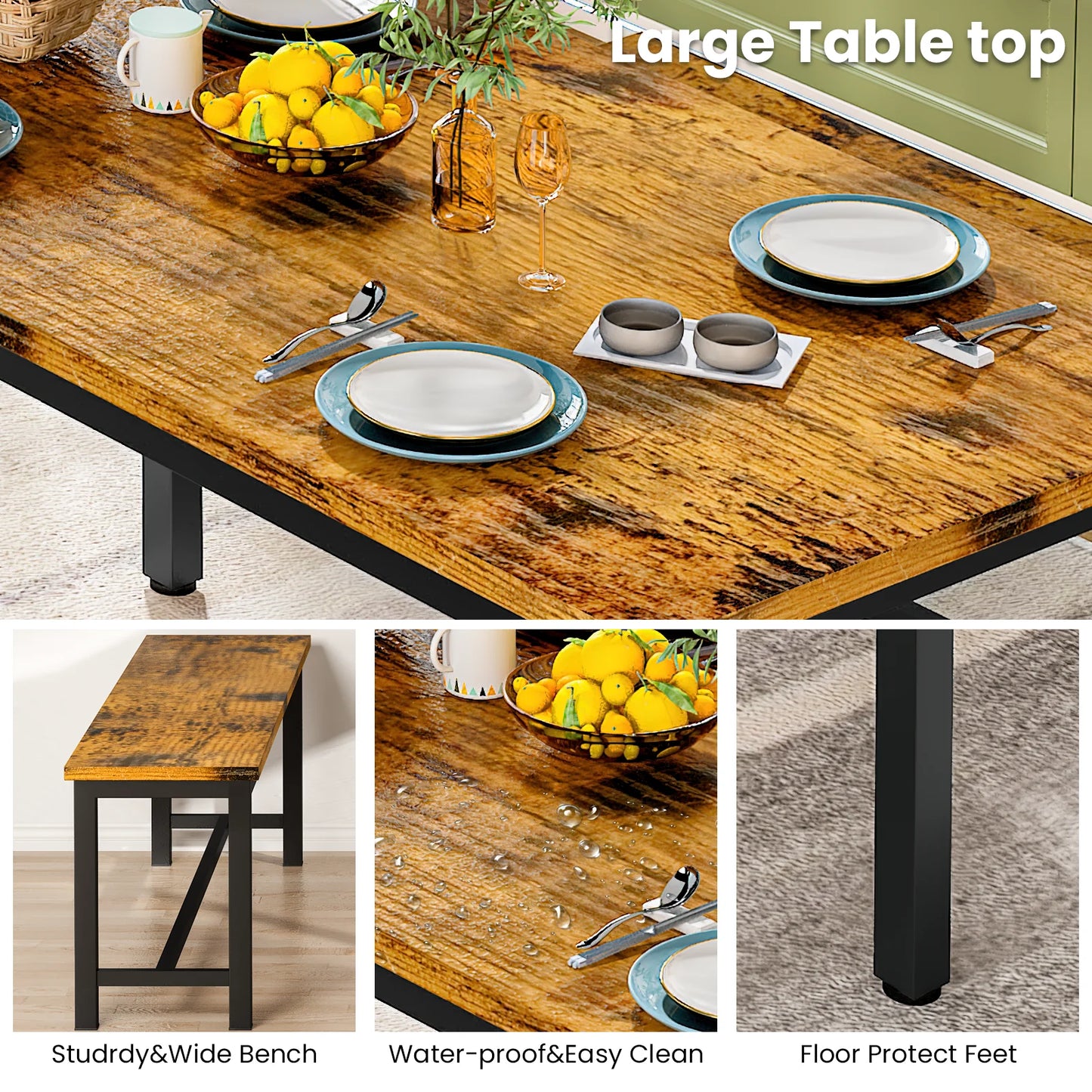 Recaceik 28.7 inches Height 3 Pieces Farmhouse Kitchen Table Set with Two Benches for 6 People, Compact 1 Table& 2 Chairs, Distressed Brown