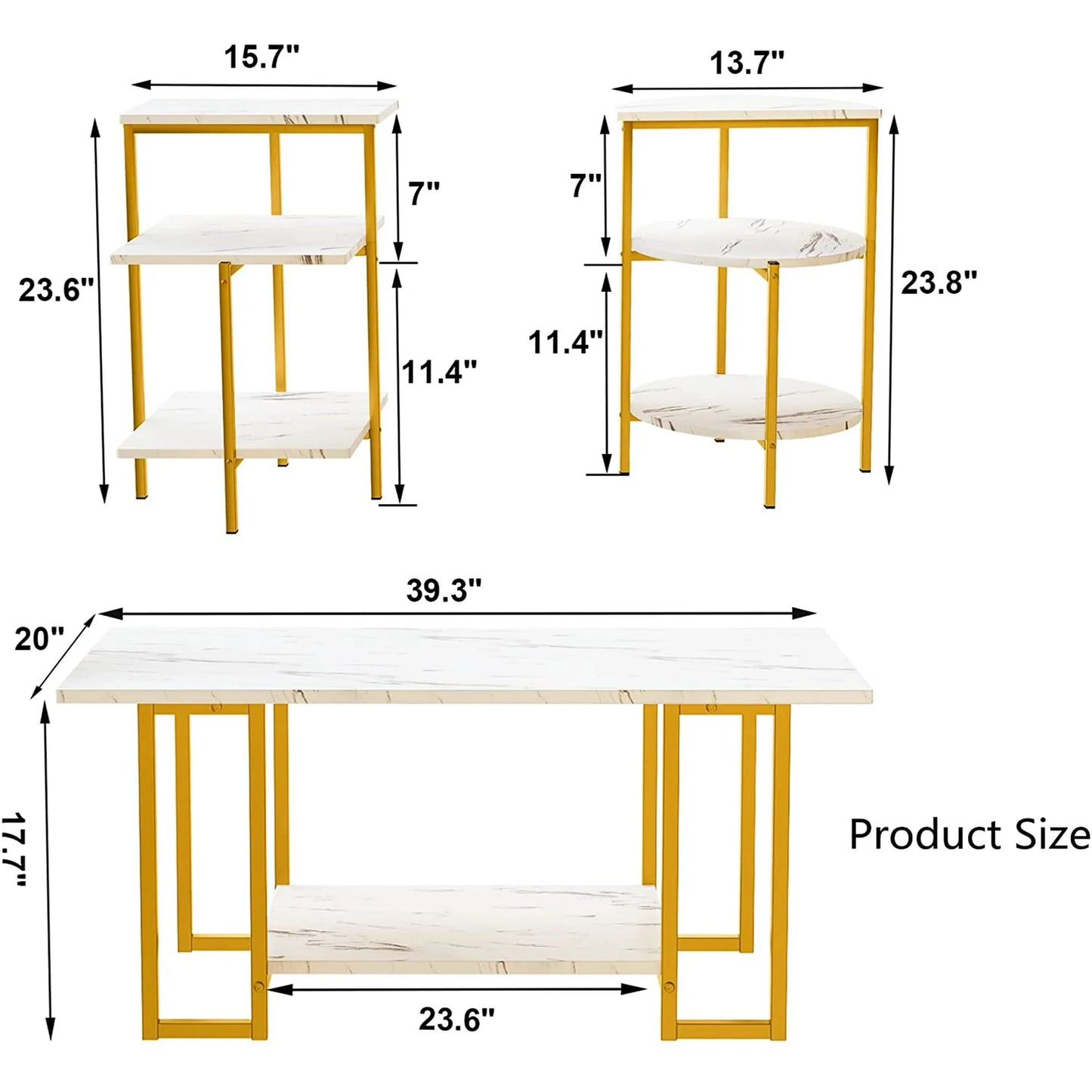 Recaceik 3-Pcs Modern Faux Marble & Metal Living Room Table Set, Coffee Table & 2 End Tables, White