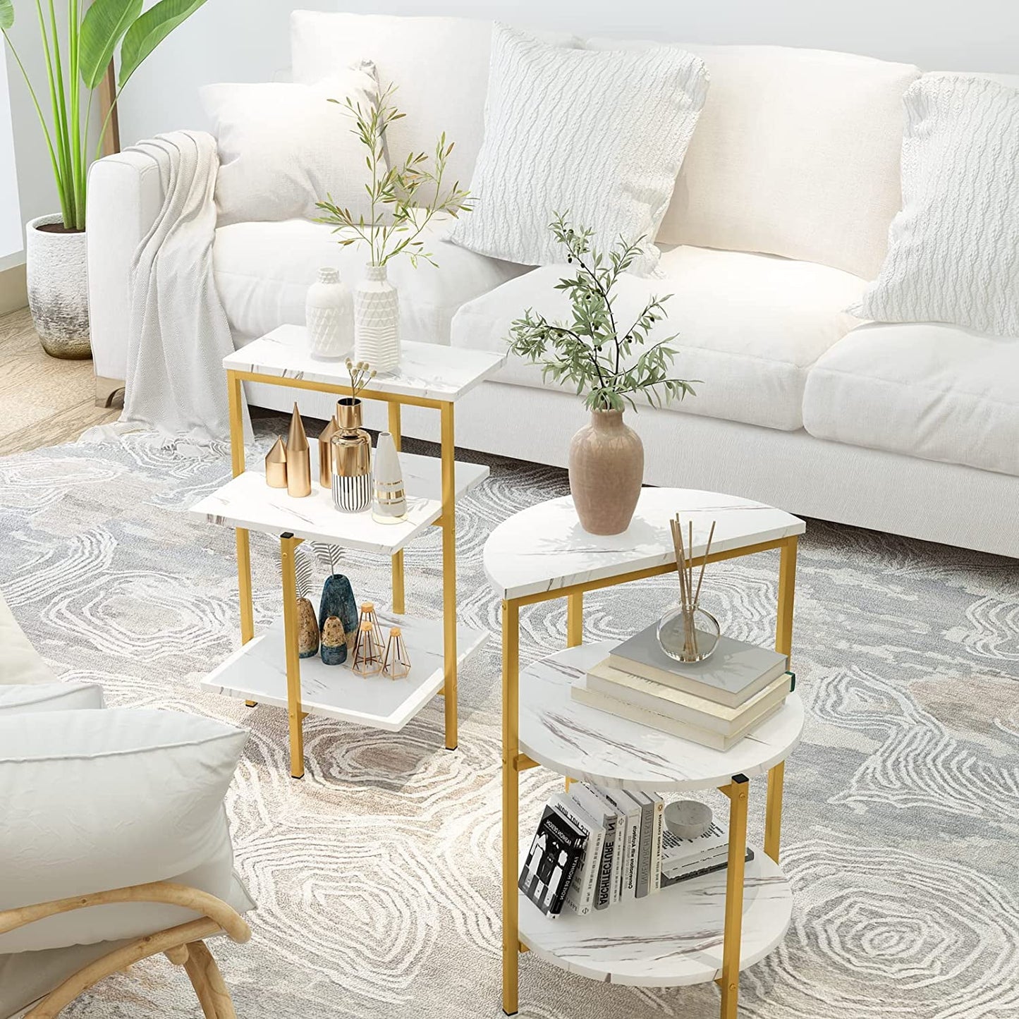 Recaceik 3-Pcs Modern Faux Marble & Metal Living Room Table Set, Coffee Table & 2 End Tables, White