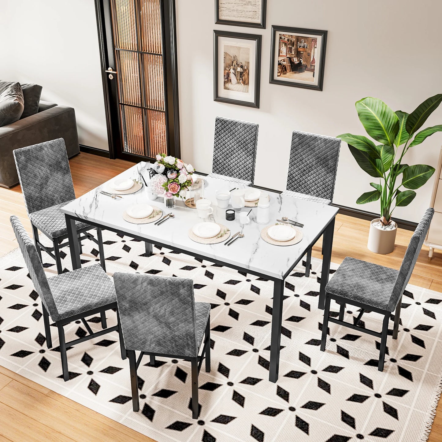 Recaceik Modern 7 Piece Dining Room Faux Marble Velvet Chairs Sets for 6