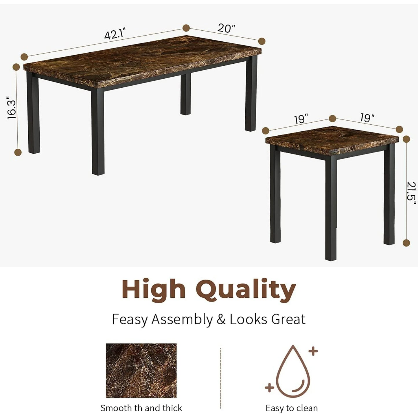 Recaceik 3 Piece Coffee Table Set, Square Faux Marble Tabletop Modern Style with Black Sturdy Metal Frame Sofa Side Tables Perfect for Living Room Accent Furniture