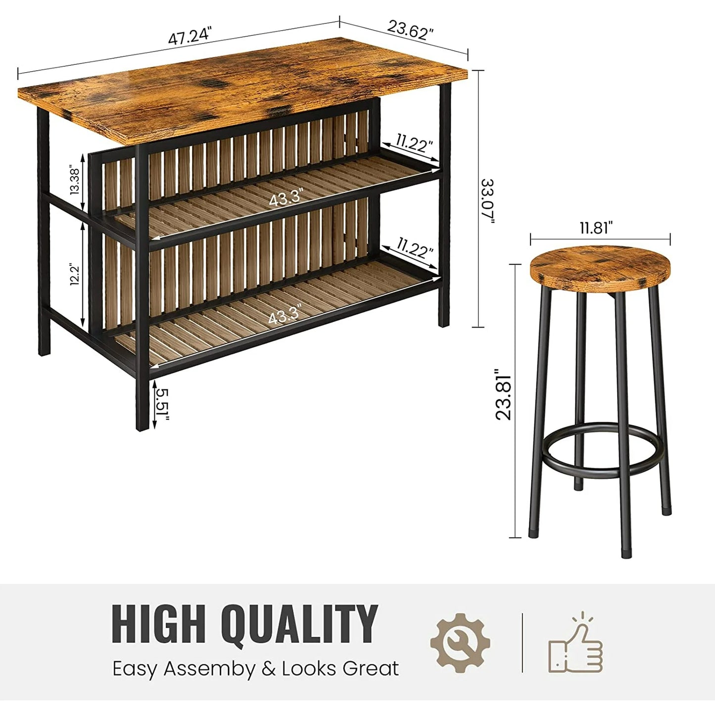 Recaceik Kitchen Island With Seating, Wooden Counter 33"Height Table with Storage Kitchen Table Set for 2