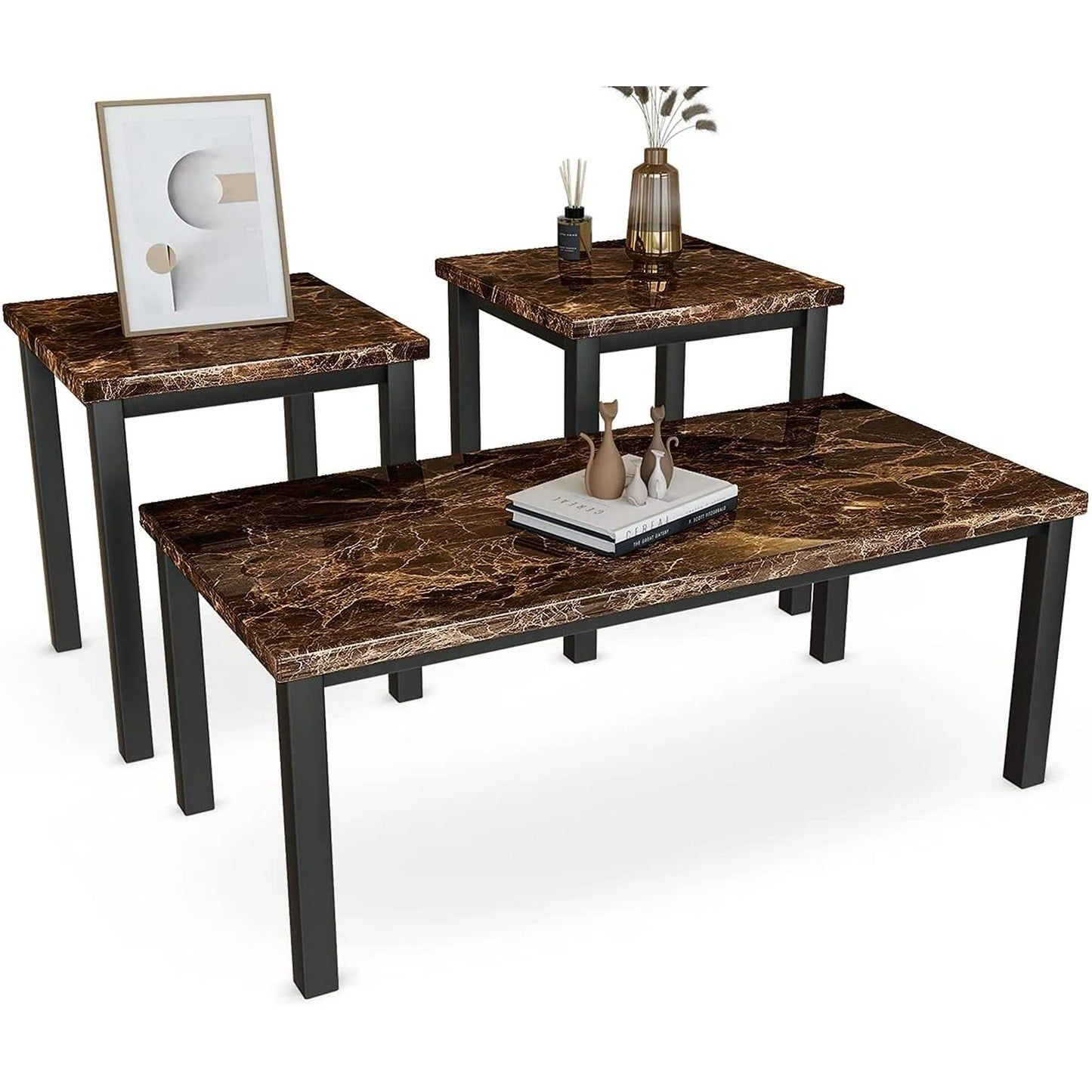 Recaceik 3 Piece Coffee Table Set, Square Faux Marble Tabletop Modern Style with Black Sturdy Metal Frame Sofa Side Tables Perfect for Living Room Accent Furniture