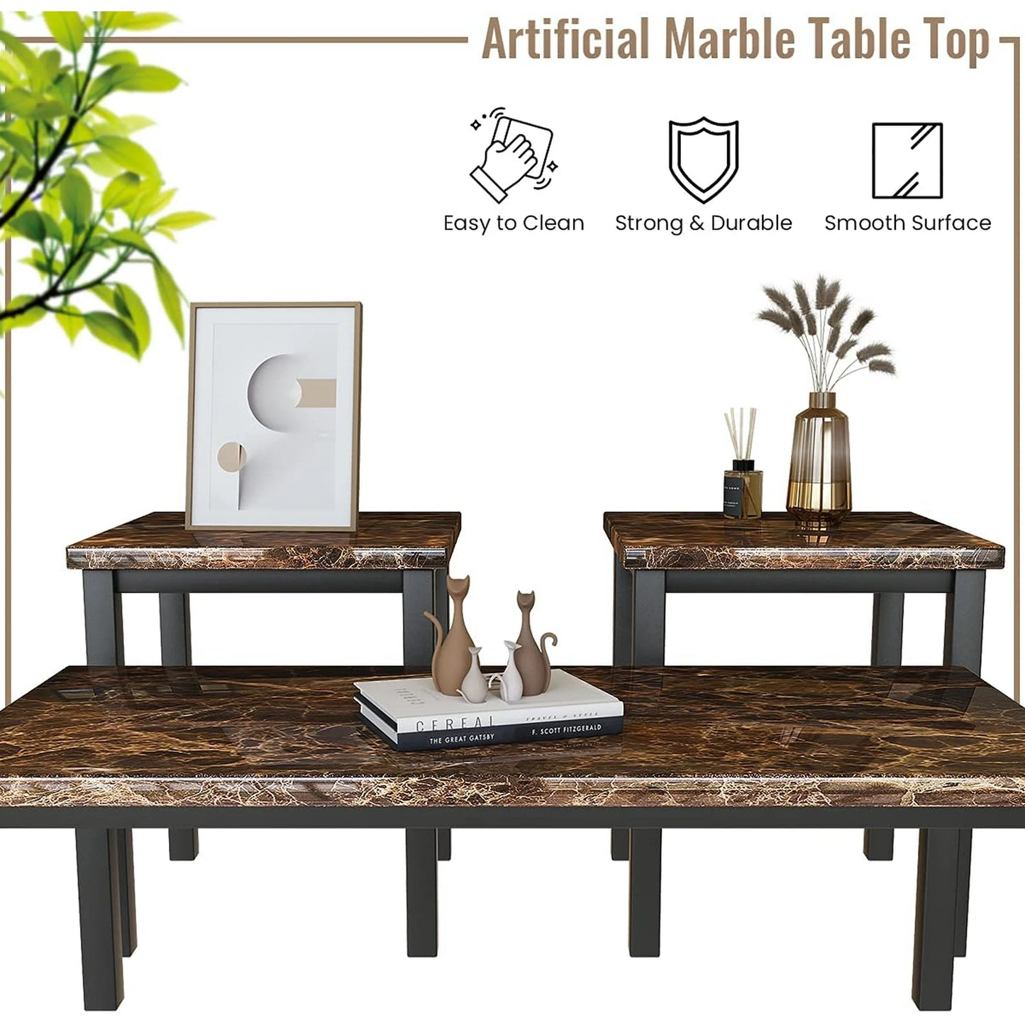 Recaceik 3 Piece Coffee Table Set, Square Faux Marble Tabletop Modern Style with Black Sturdy Metal Frame Sofa Side Tables Perfect for Living Room Accent Furniture