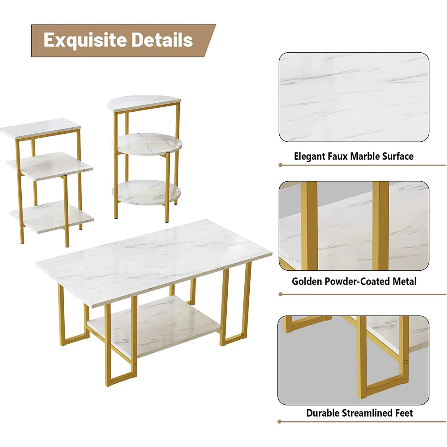 Recaceik 3-Pcs Modern Faux Marble & Metal Living Room Table Set, Coffee Table & 2 End Tables, White