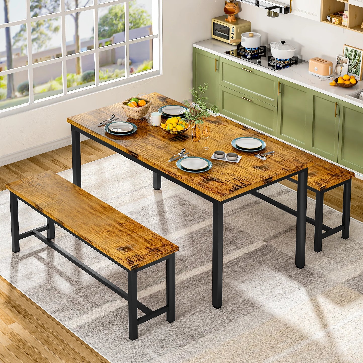 Recaceik 28.7 inches Height 3 Pieces Farmhouse Kitchen Table Set with Two Benches for 6 People, Compact 1 Table& 2 Chairs, Distressed Brown