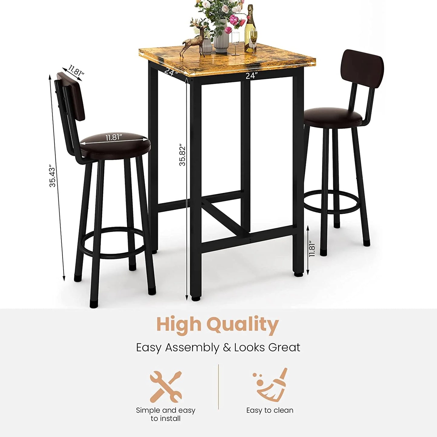 Recaceik 3 Piece Pub Dining Table Set, 35.82"H Modern Bar Table and 2 Barstool