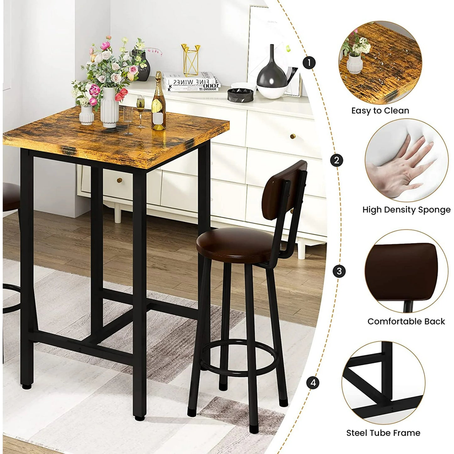 Recaceik 3 Piece Pub Dining Table Set, 35.82"H Modern Bar Table and 2 Barstool