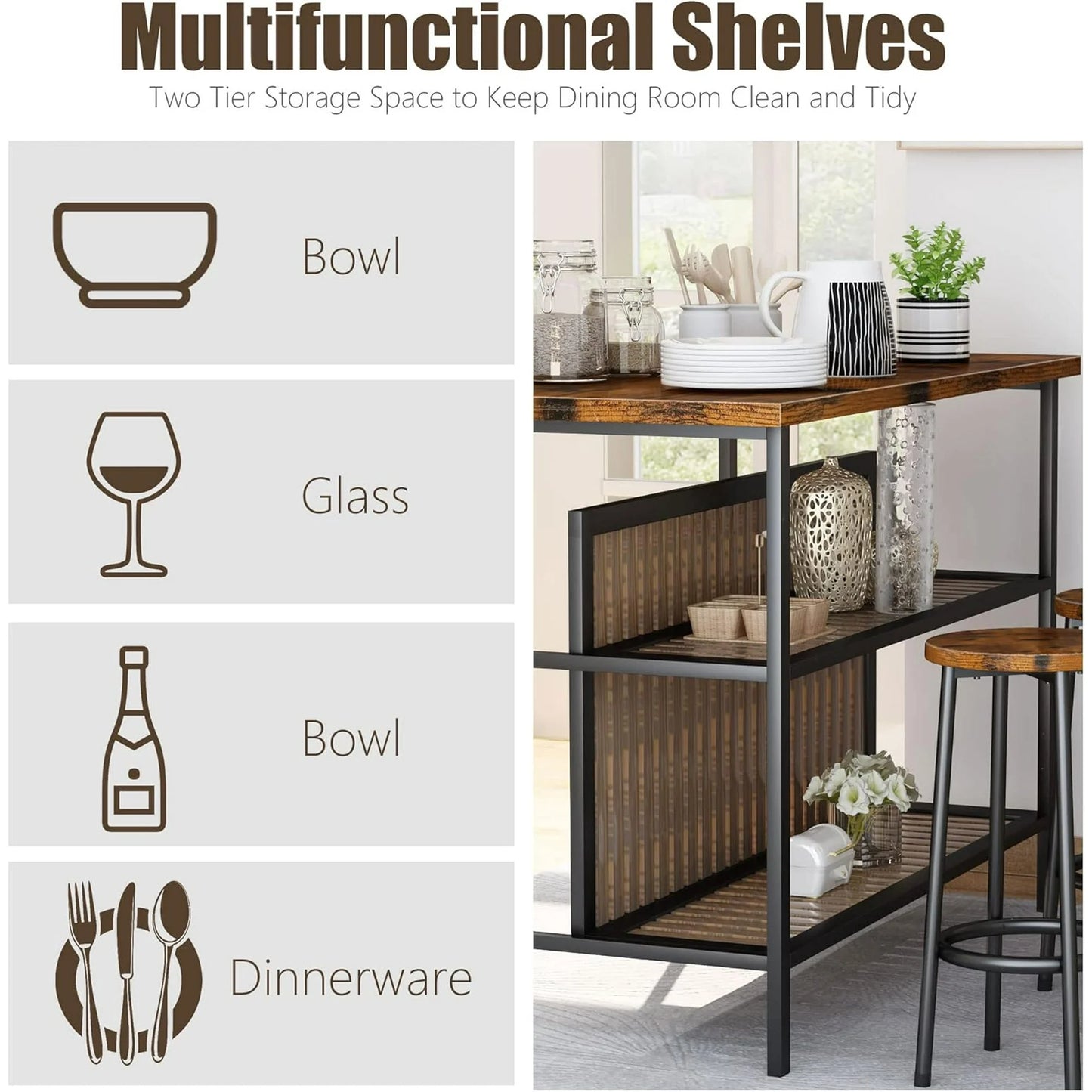 Recaceik Kitchen Island With Seating, Wooden Counter 33"Height Table with Storage Kitchen Table Set for 2