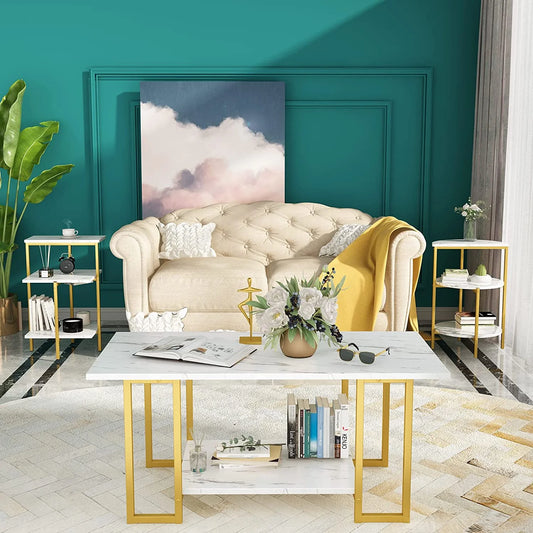 Recaceik 3-Pcs Modern Faux Marble & Metal Living Room Table Set, Coffee Table & 2 End Tables, White