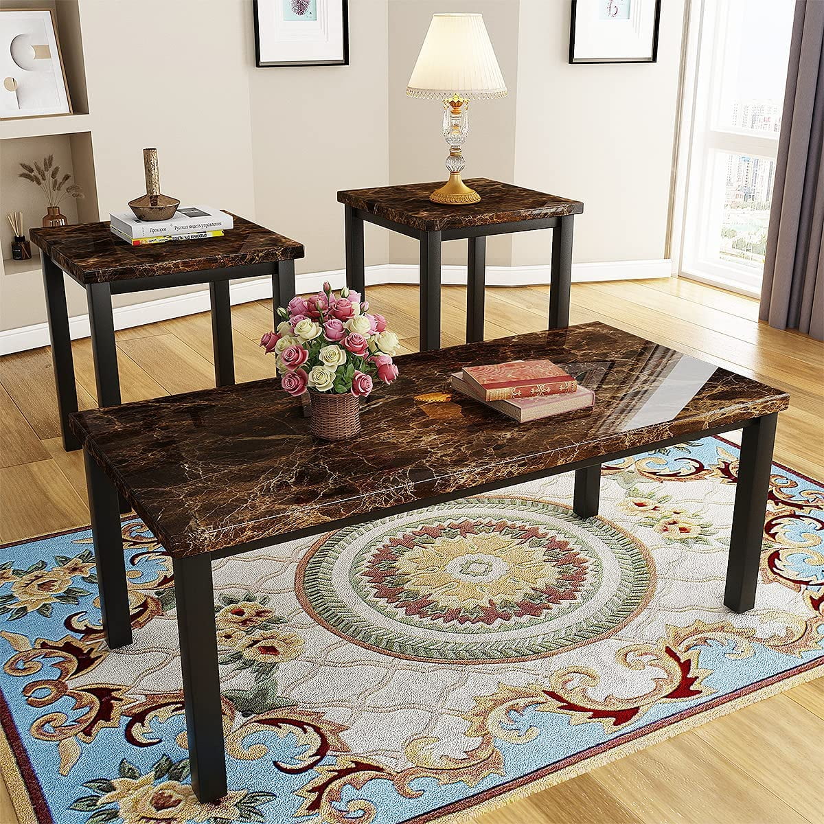 Recaceik 3 Piece Coffee Table Set, Square Faux Marble Tabletop Modern Style with Black Sturdy Metal Frame Sofa Side Tables Perfect for Living Room Accent Furniture