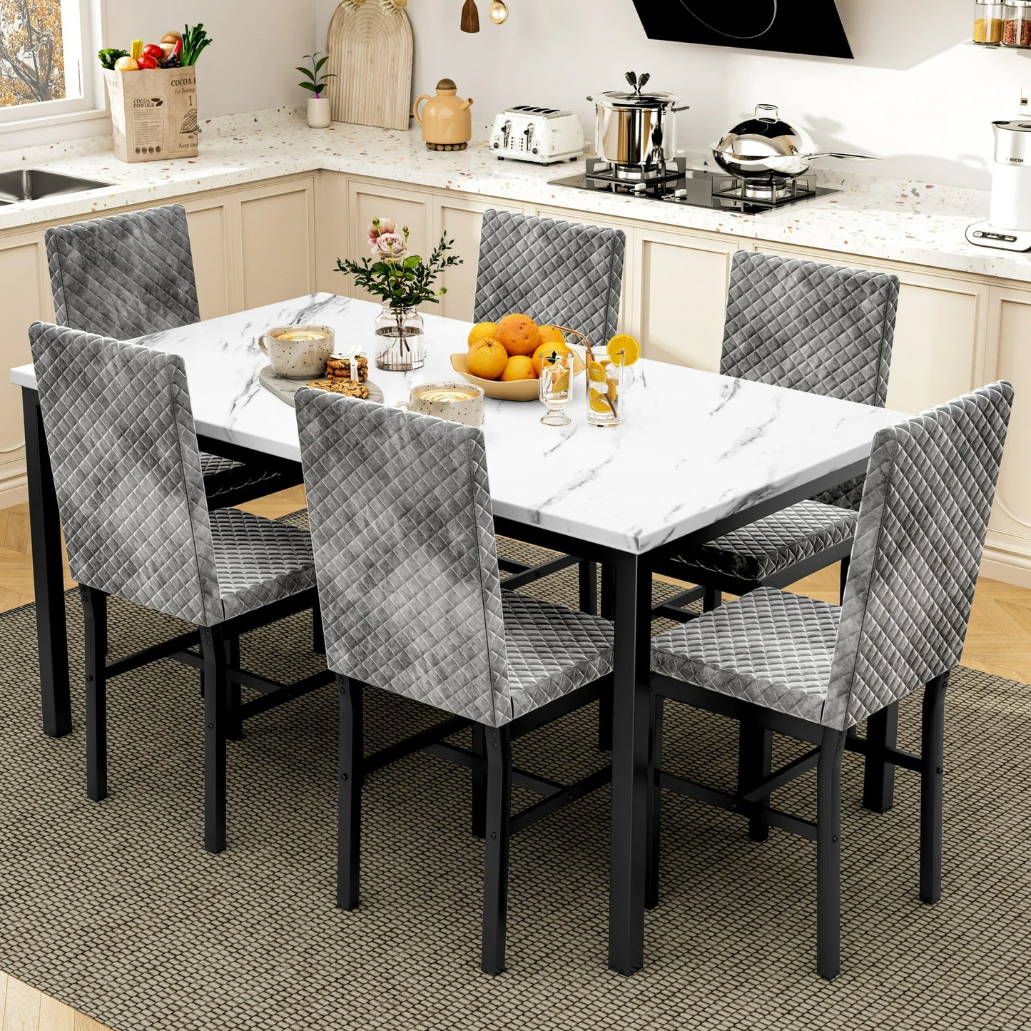 Recaceik Modern 7 Piece Dining Room Faux Marble Velvet Chairs Sets for 6